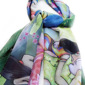 Echarpe “Lenda do Boto”. Embalagem de madeira 17x17x5cm